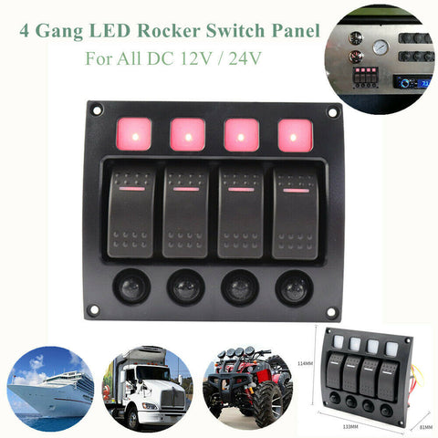 4 Gang LED Rocker Switch Panel with Circuit Breakers For RV Car Marine 12V / 24V