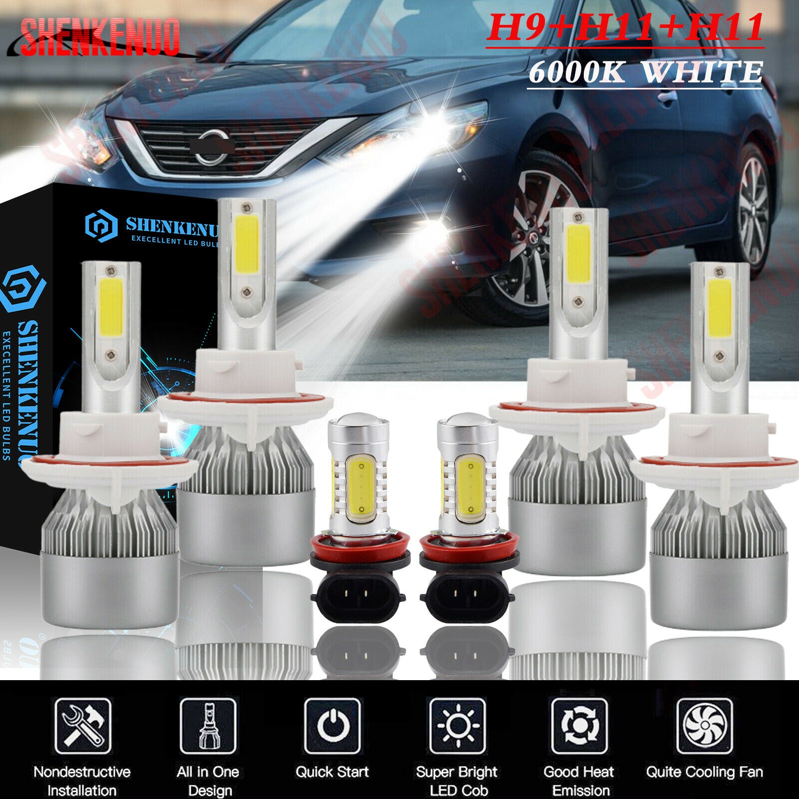 H9 H11 LED Headlight Hi/Lo+ H11 Fog Light Combo Fit for Nissan Altima 2010-2015