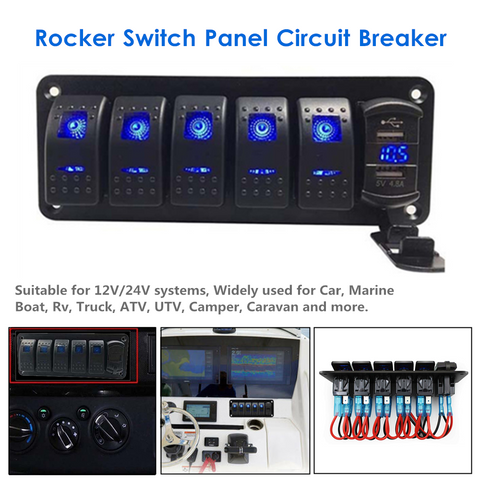 12V-24V 6 Gang Multifunction LED Rocker Switch Panel Circuit Breaker Car Boat RV