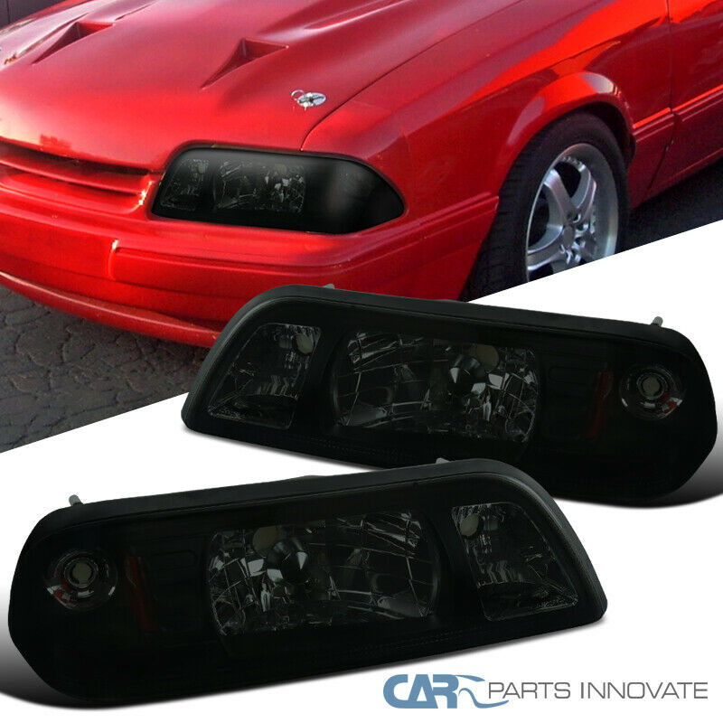 Fit Ford 87-93 Mustang Replacement Smoke 1-Piece Style Headlights Head Lamps