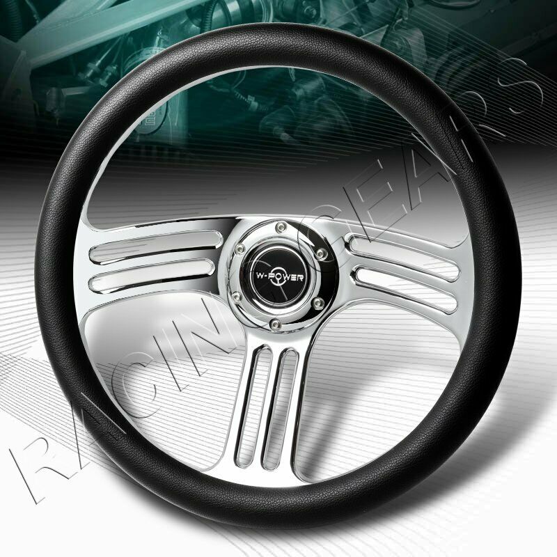 UNIVERSAL 350MM W-POWER BLACK LEATHER GRIP 6-HOLD VINTAGE STEERING WHEEL 3-SPOKE