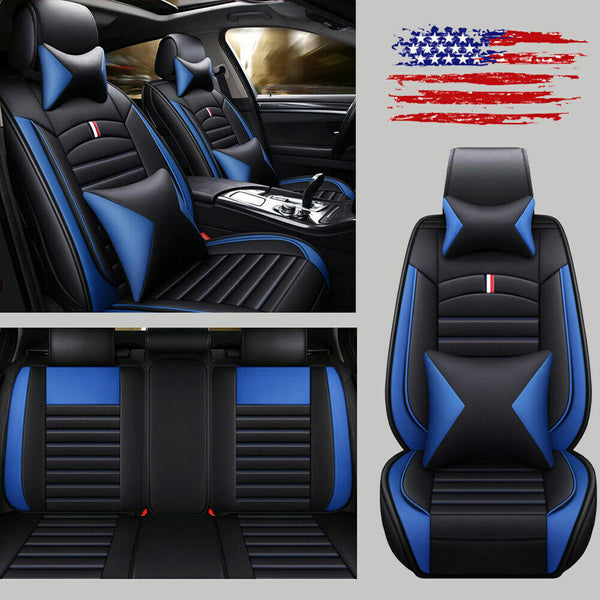 5-Sit Car Seat Cover w/Pillow Set Surround Protectors Cushions Black + Blue Line