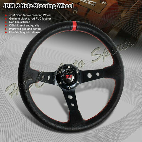 350MM Deep Dish Drift Black / Red Leather 6 Hole Steering Wheel Universal 5