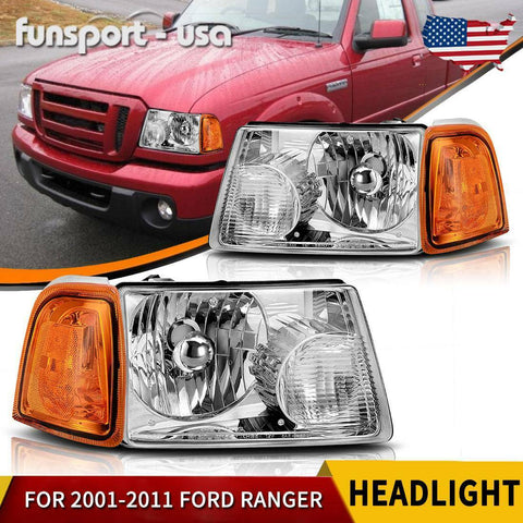 For 2001-2011 Ford Ranger Chrome Headlights + Amber Corner Turn Signal Lights