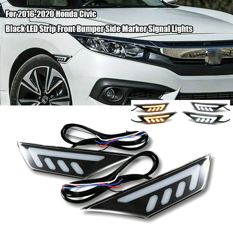 For 2016-2020 Honda Civic Black LED Strip Front Bumper Side Marker Signal Lights