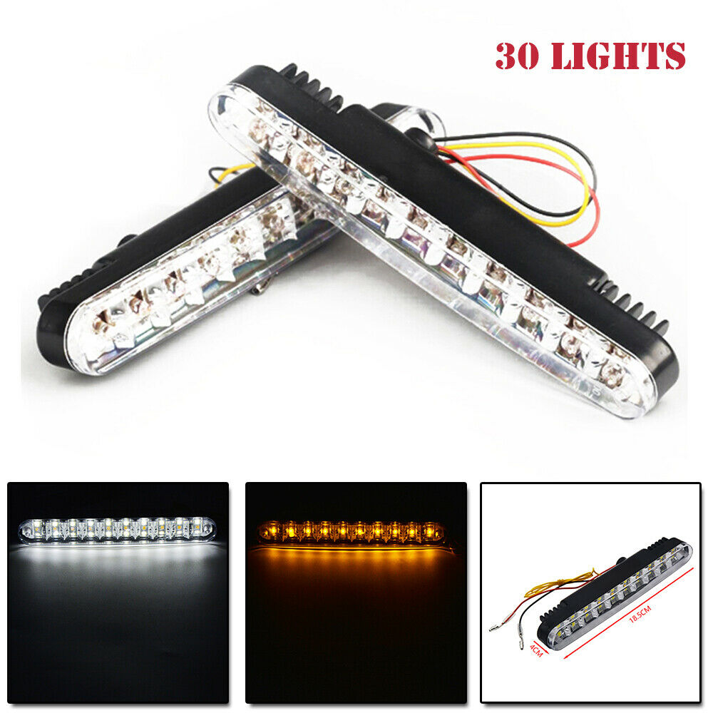 2PCS 12V 30LED Daytime Running Light DRL Fog White lights + Amber Turn Signal