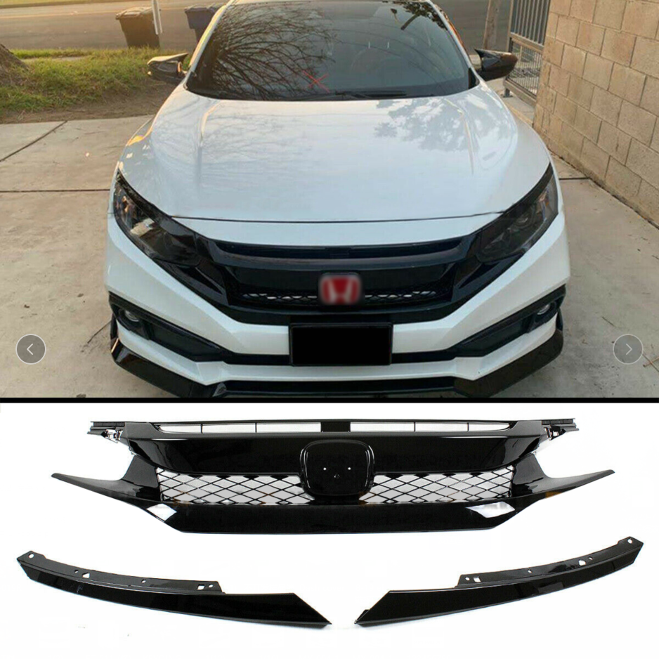 Full Glossy Black ABS Front Bumper Mesh Grille For 19-20 Honda Civic T-R Style