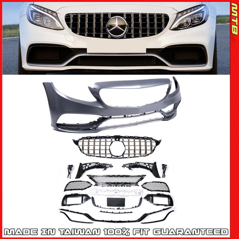 Front GT-Style Gold Grille Bumper For C-Class 15-18 W205 Benz C63 Style Kit