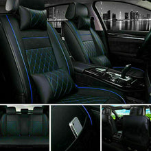 US Deluxe Car Cushion PU Leather 5-Seats Cover Set W/4×Pillows Black & Blue Line