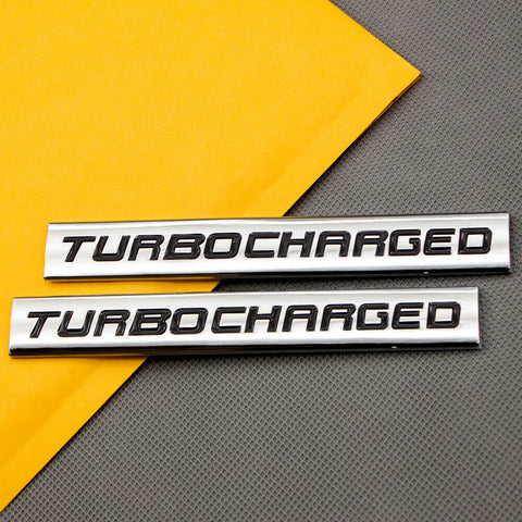2x Metal TURBOCHARGED Engine Emlem Black Chrome Supercharged Car Turbo Badge