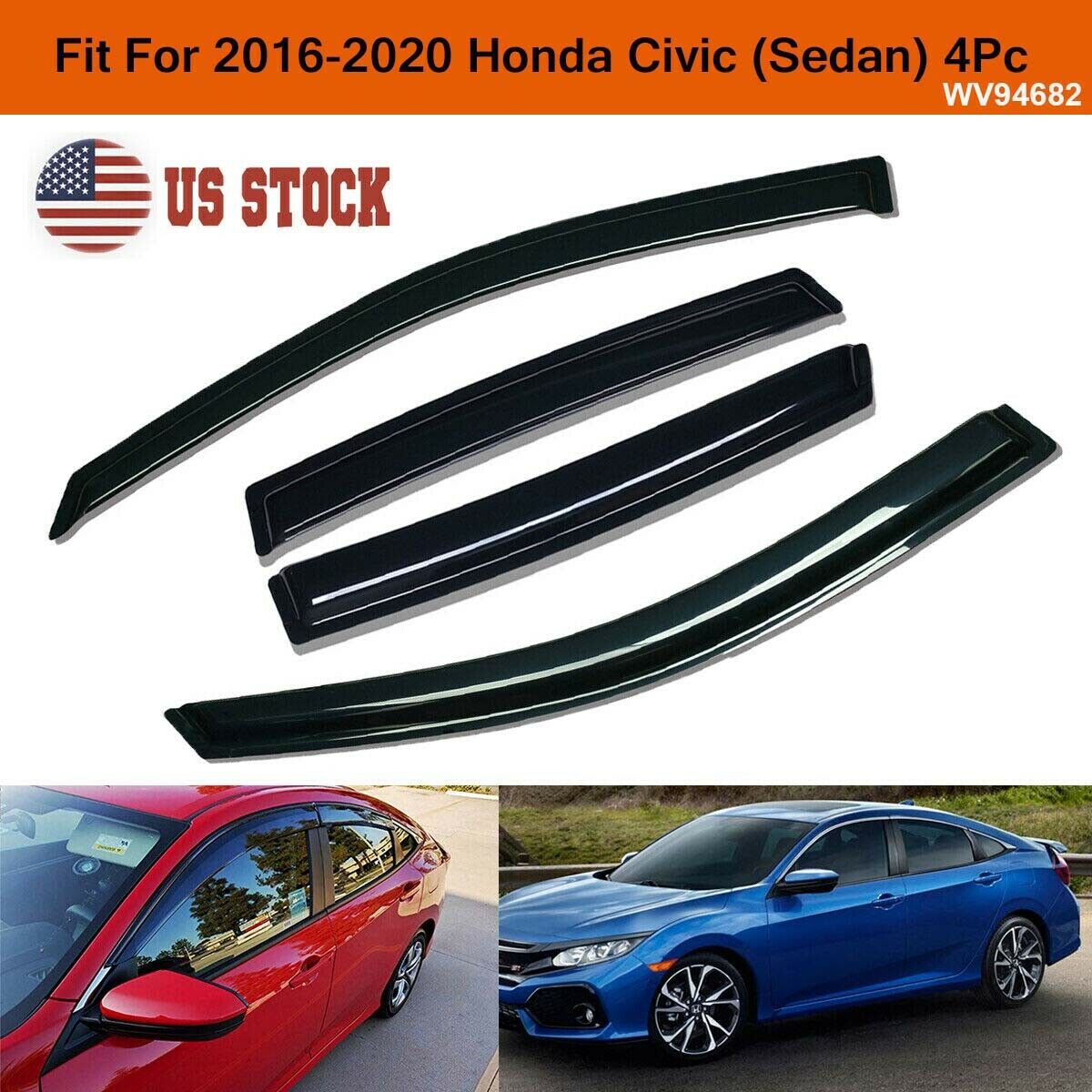 For 2016-2020 Honda Civic Sedan Smoke Window Visors Sun Rain Guards Vent Shade