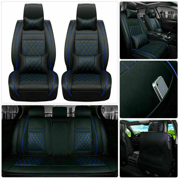US Blue PU Leather Car Seat Cover Universal 5-Seats Cushion Protectors Full Set