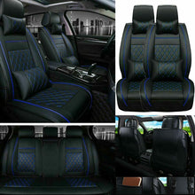 US Deluxe Car Cushion PU Leather 5-Seats Cover Set W/4×Pillows Black & Blue Line