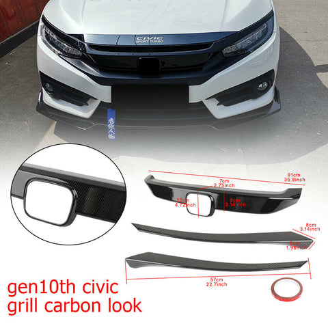 3PCS Front Bumper Cover Grille ABS Carbon Fiber For Honda Civic 2016-2020