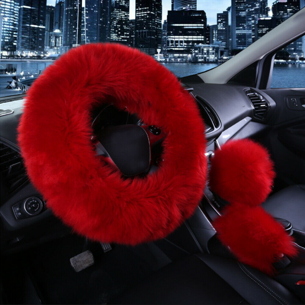 3x Fur Wool Furry Fluffy Thick Car Steering Wheel Covers Red Wine Color Winter