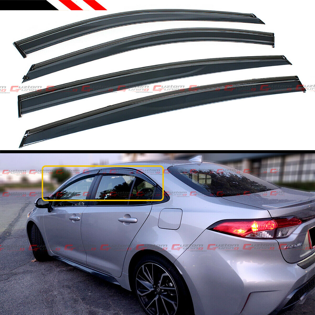 FOR 2020+ TOYOTA COROLLA 4DR SEDAN JDM SMOKED CLIP-ON WINDOW VISOR W/ BLACK TRIM