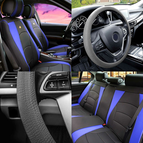Car Seat Cover Leatherette Buckets Blue Black w/ Gray Steering Cover For SUV