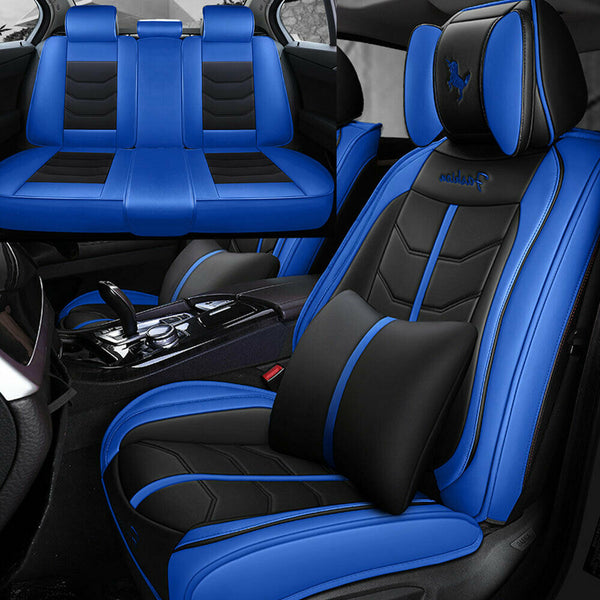 Blue PU Leather Car Seat Covers Front&Rear Cushion Full Kit Univeersal Size 5Sit