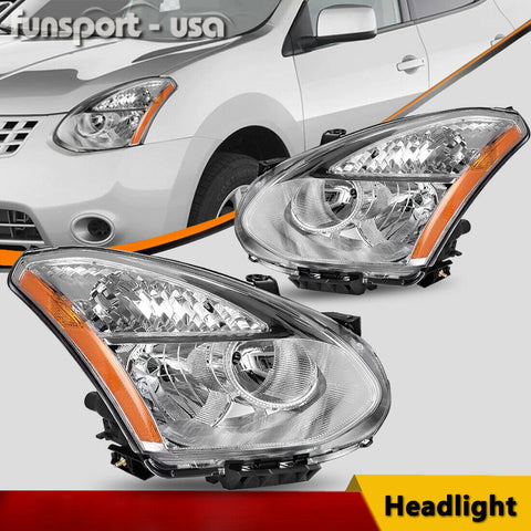 Headlights Assembly for 2008-2013 Nissan Rogue Clear Chrome Headlamps Left+Right