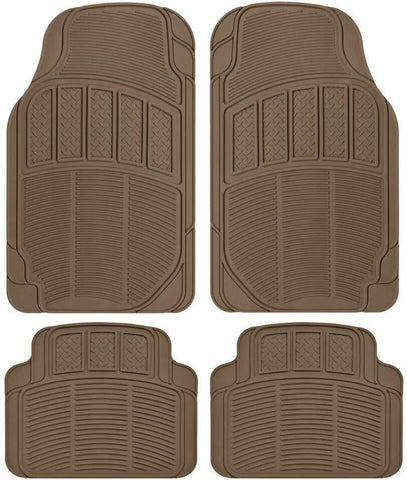 Beige All Weather Rubber Car Floor Mats - Heavy Duty Ridges Diamond Grid Heelpad