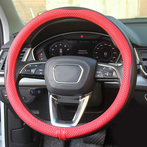 Black&Red 38cm Leather Car SUV Steering Wheel Cover Anti-slip Breathable Soft US