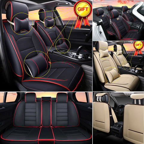 Deluxe PU leather Car SUV Seat Cover Full Set Front+Rear Cushion 5-Seats +Pillow