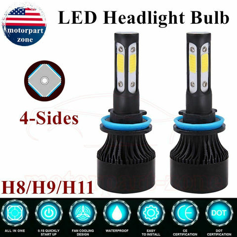 2x 4-Side H11 H9 H8 LED Headlight Bulb Kit Low Beam Fog Light 60W 6000K 7600LM