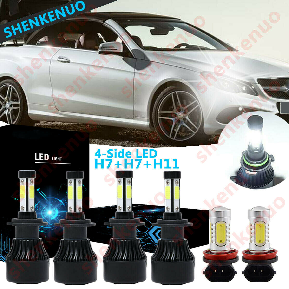 4Side H7+H7 LED Headlight Bulb Hi-Lo+ H11 Fog Light For Benz E350 E550 2007-2009