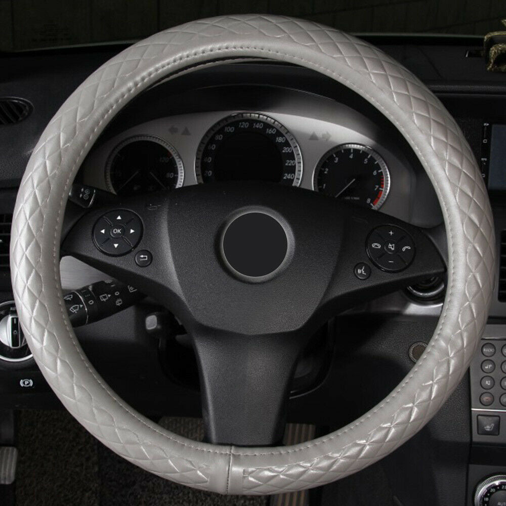 M 38cm Genuine Leather Car Steering Wheel Cover Diamond Breathable Non-Slip Grip