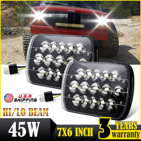 Black 7x6 Pair LED Headlights 1986-1995 Jeep Wrangler YJ 1984-2001 Cherokee XJ