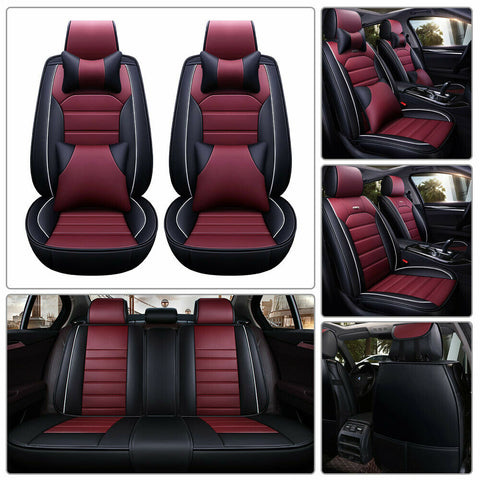 Wine Red PU Leather Car Seat Cover Cushion Protector 5-Seats Universal Full Set