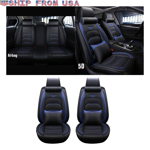 Universal Car Seat Cover PU Leather Black&Blue Front+Rear Set 5-Seats