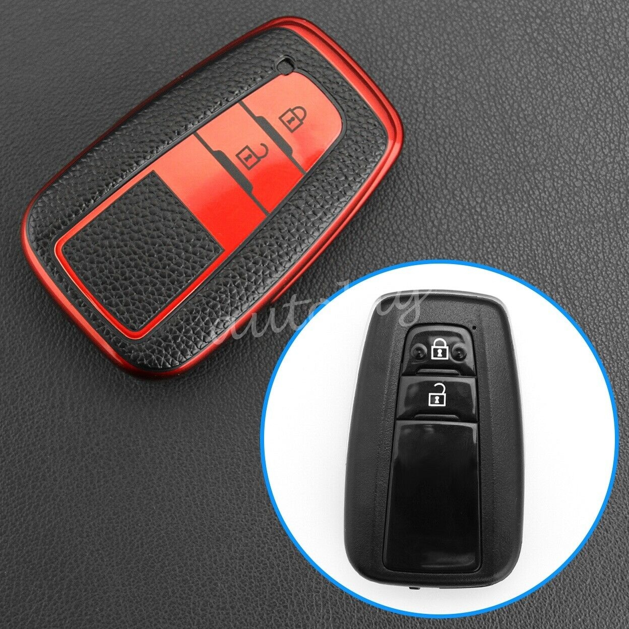 Smart Car Key Fob Cover Case For Toyota Camry CHR RAV4 Corolla Prius Leather Red