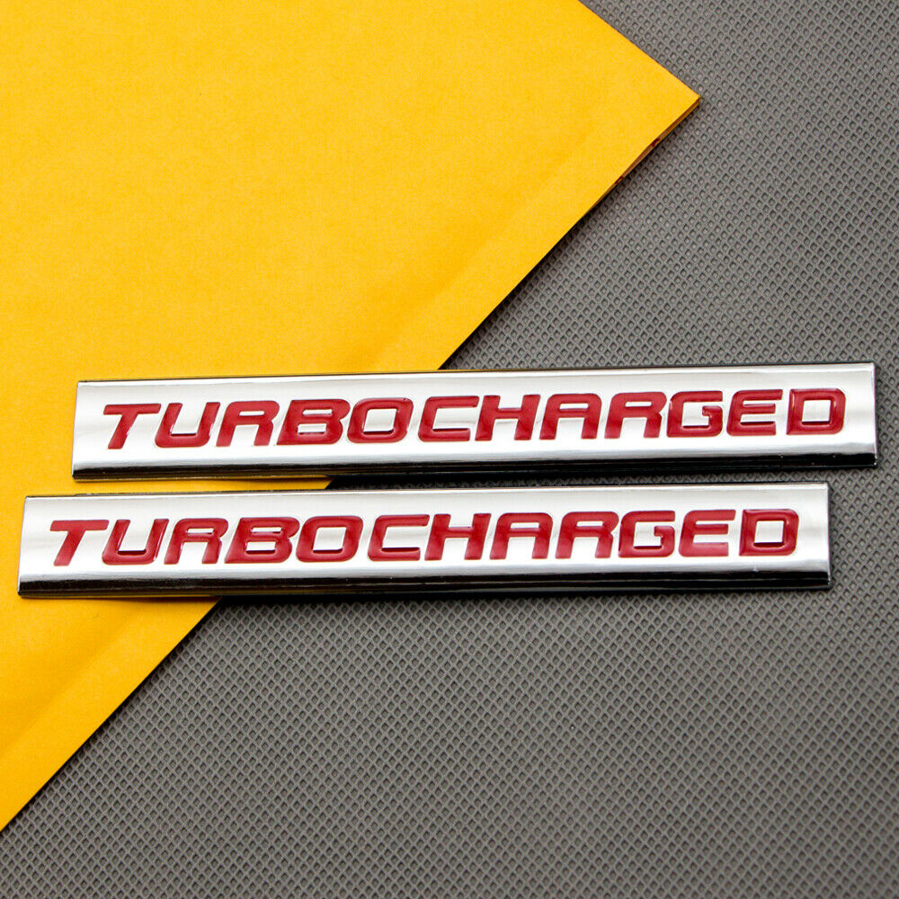 2x Metal Chrome TURBOCHARGED Emblem Red Rear Trunk Turbo Badge Car Engine Decal