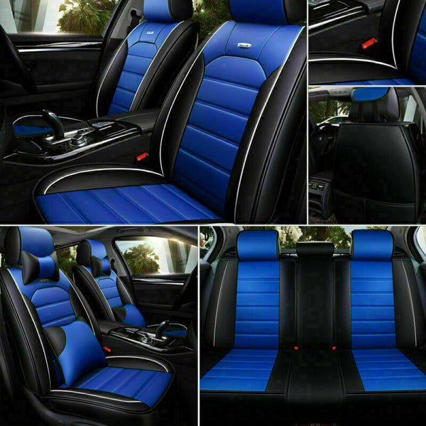 Black+Blue Universal 5-Sit Car Seat Covers PU Leather Full Set Interior Cushions