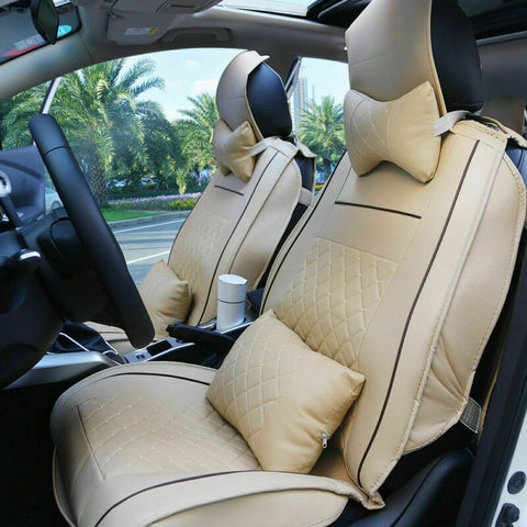 US 5-Seat Car Seat Cover PU Leather Front Rear Cushions Universal Fit Beige 2020