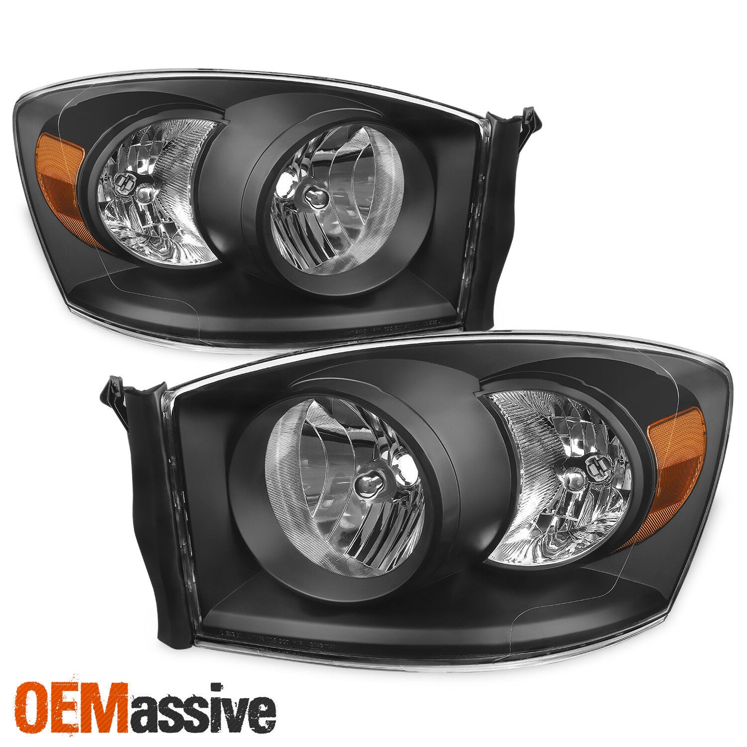 Fit 2006-2008 Dodge Ram 1500 06-09 2500 3500 Black Headlights Lights Left+Right