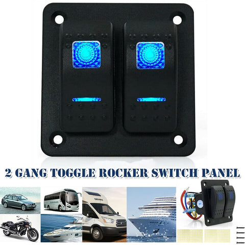 2 Gangs Toggle Rocker Switch Panel Blue LED For Car Boat Marine RV Truck Camper