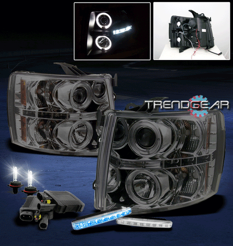 07-13 CHEVY SILVERADO HALO LED SMOKE PROJECTOR HEAD LIGHT+BLUE DRL SIGNAL+6K HID