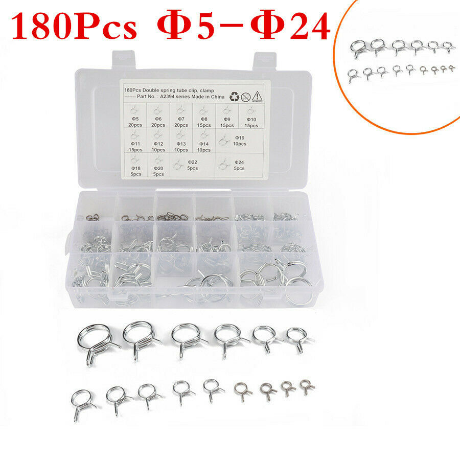 180Pcs Φ5-Φ24 Double Wire Fuel Line Hose Tube Spring Clamps Kit For Auto Car