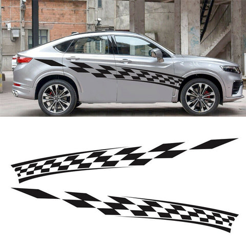 2x Racing Car Side Full Body Decal Stripes Graphics Black Plaid Sticker 110