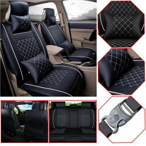 Top Deluxe PU Leather 5-Seat Car Seat Cover w/Pillow Full Set Front+Rear Cushion