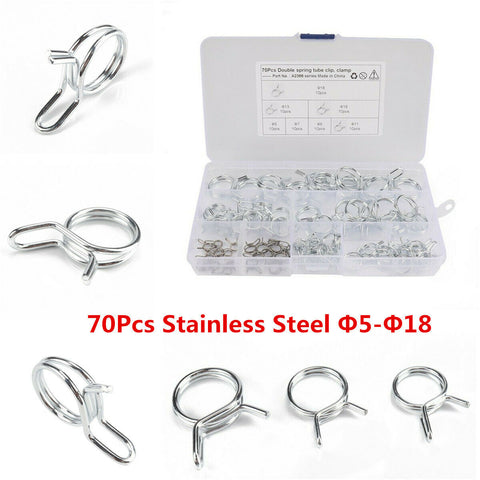 70Pcs Stainless Steel Car SUV Double Wire Fuel Line Hose Tube Spring Clamps Set