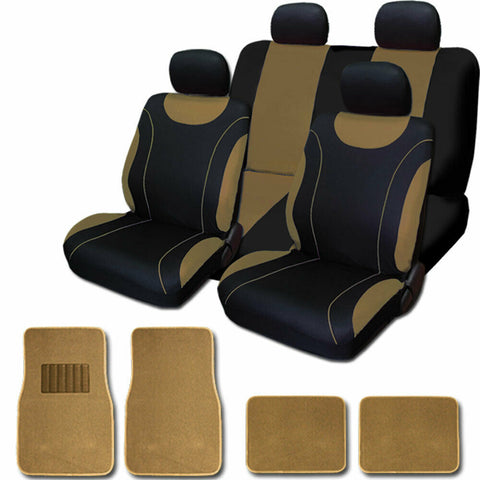 For Toyota New Flat Cloth Black and Tan Car Seat Covers Floor Mats Set
