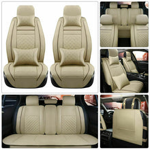 Beige Luxury PU Leather Car Seat Covers Front&Rear Cushions w/Pillow Accessories