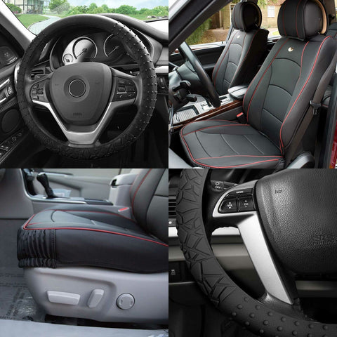 Black Red Leatherette Seat Cushion Bucket Covers w/ Black Steering Cover For SUV