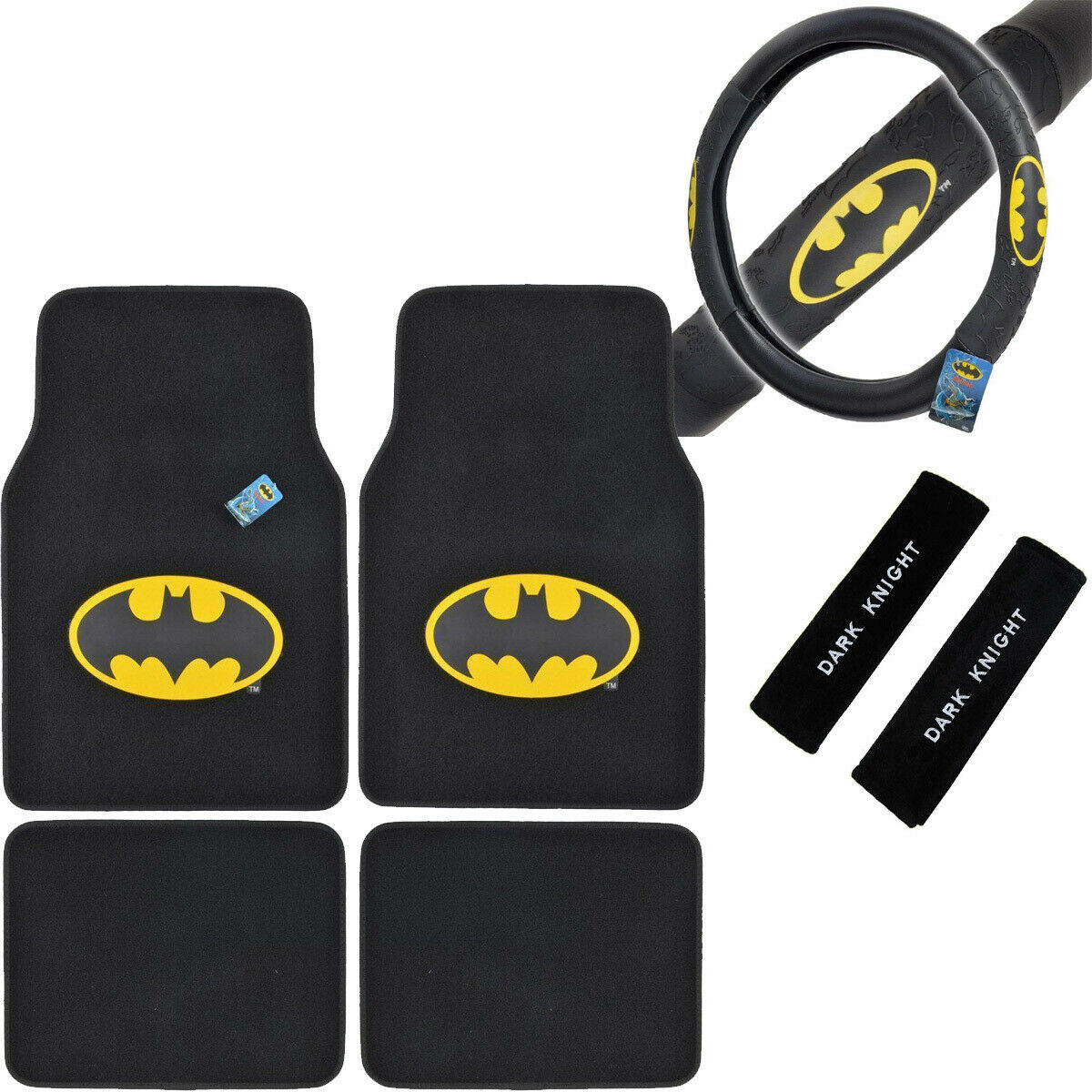 7PC BATMAN Calssic Car Truck Suv Floor Mats Steering Wheel Cover Seat Belt Pads