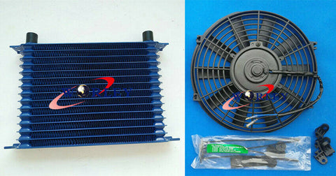 Universal 15 Row 10AN Universal Engine Transmission Oil Cooler BLUE + FAN