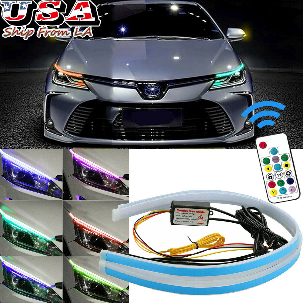 2X 60CM RGB Remote Control LED Sequential Daytime Running Headlight DRL Strip