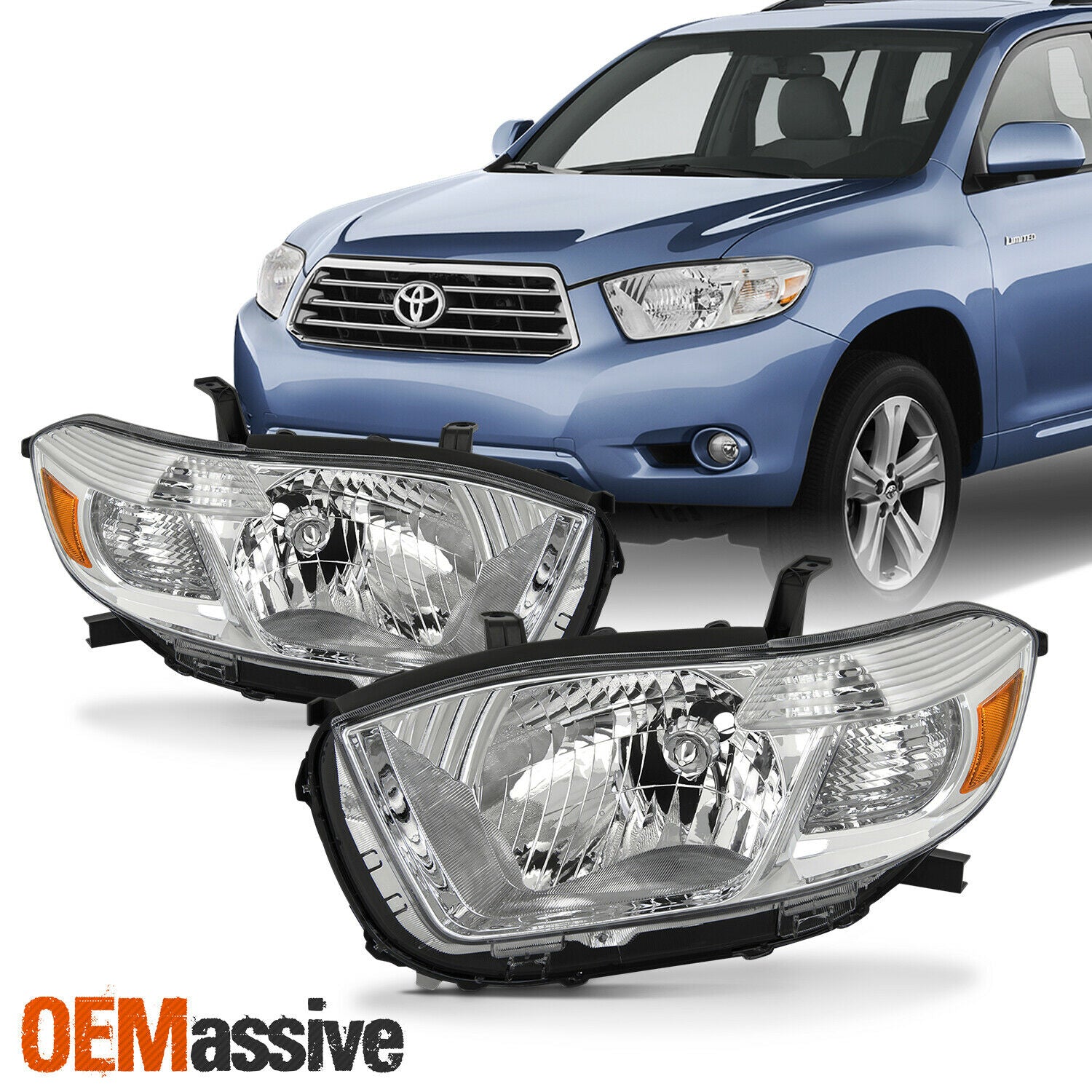 For 2008 2009 2010 Toyota highlander [Halogen Type] Chrome Headlights Pair